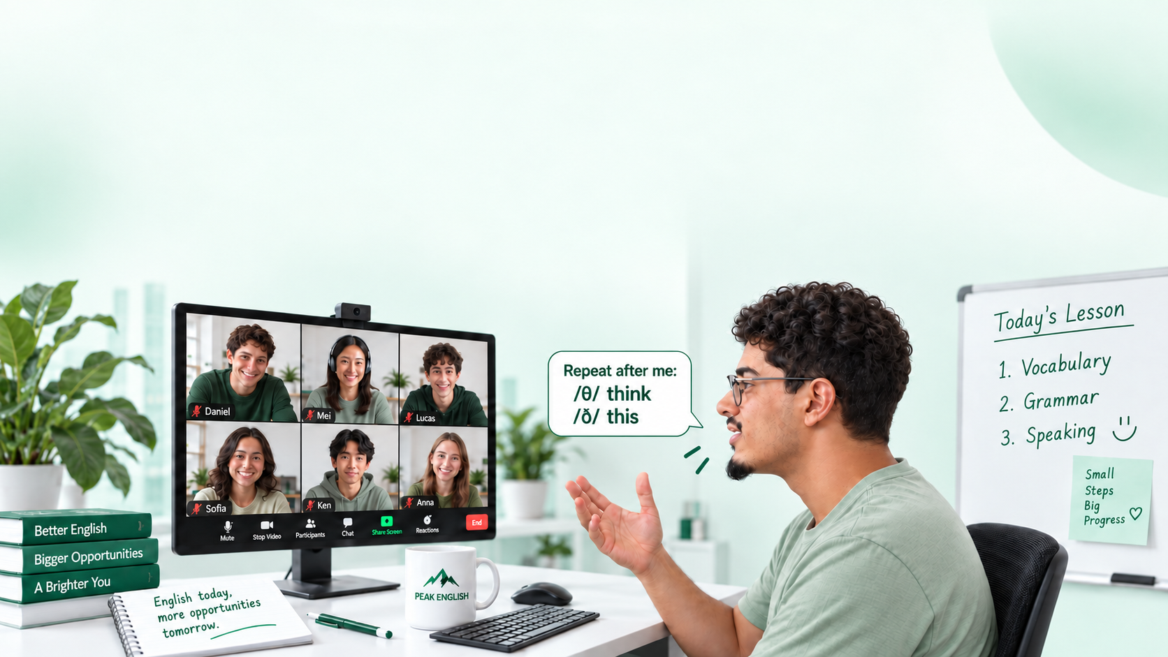 An English teacher leading an online class, with learners on a video call and a lesson whiteboard beside him.